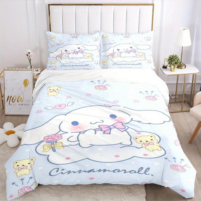3pcs Blue Cinnamoroll and Bear Quilt Cover Set (1 Quilt Cover + 2 Pillowcases Without Pillow Core), High-Definition Printing for Home and Dormito