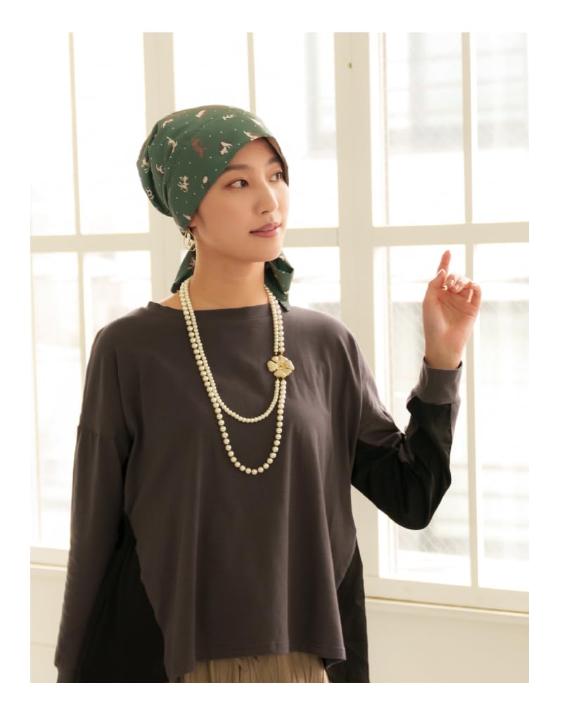 MY Medical Care Cat One Size Fits for Hair Loss [KISS LIFE] Hat, Hat, Women's, Cute, Stylish, 100% Cotton, Pattern, All, Cancer, Chemotherapy, (Green)