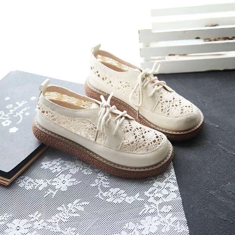 Retro forest style mesh sneakers woman casual lace up flats 3cm thick bottom cut-outs knitting loafers round toe hollow out shoe