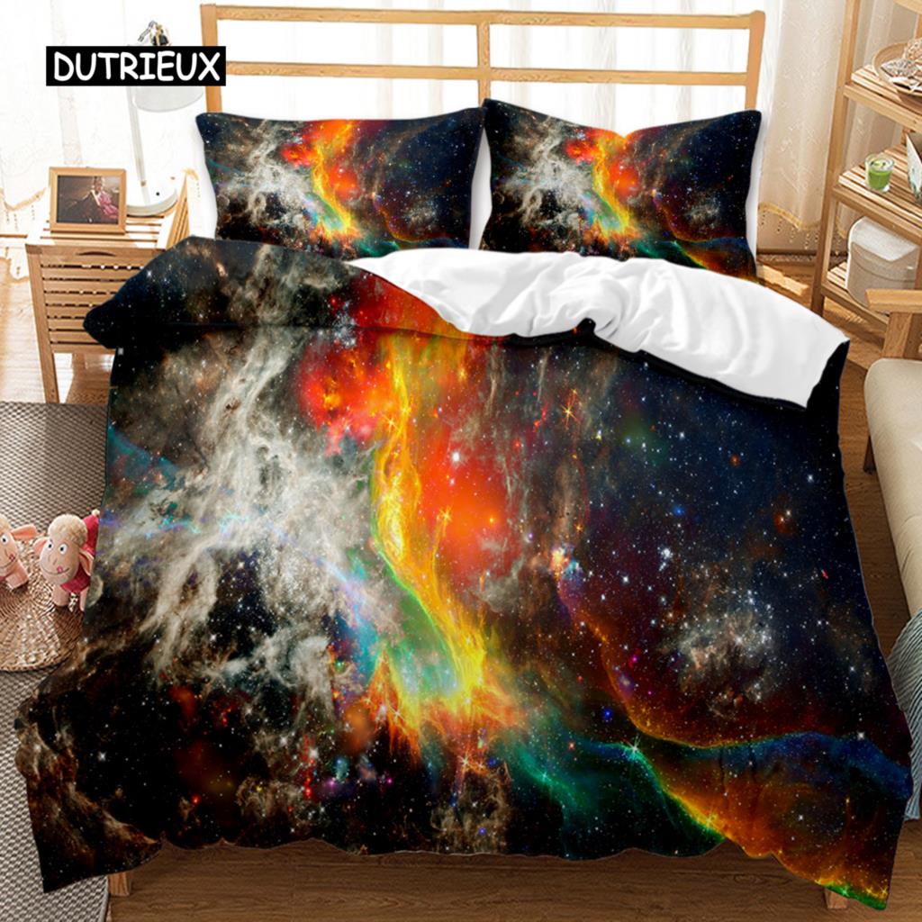 Sternenhimmel Bettbezug Staubige Gaswolke Nebel und Sternhaufen im Weltraum Polyester Bettwäscheset Doppel Queen King Size