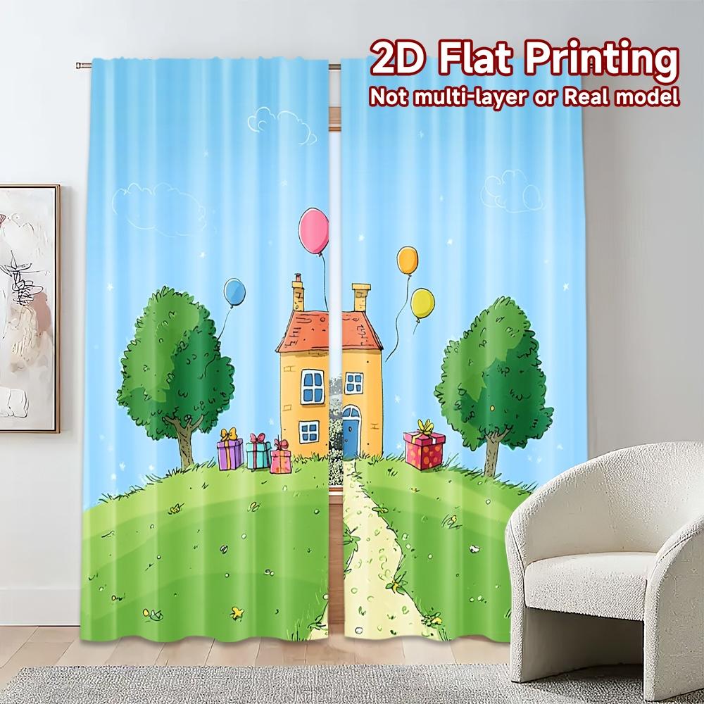 2pcs, 2D FLAT PRINTING Curtains (Without Rod) GiftHouseHill Light Filtering Modern Curtains Fabric Curtains All Seasons