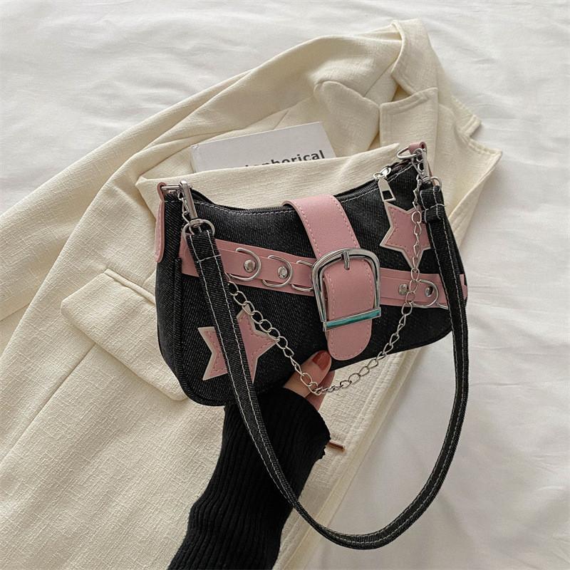 2024 Women's Spring Korean Style Armpit Bag Street Chic Denim Shoulder Bag Casual Small Square Bag Trendy Chain Bag Black