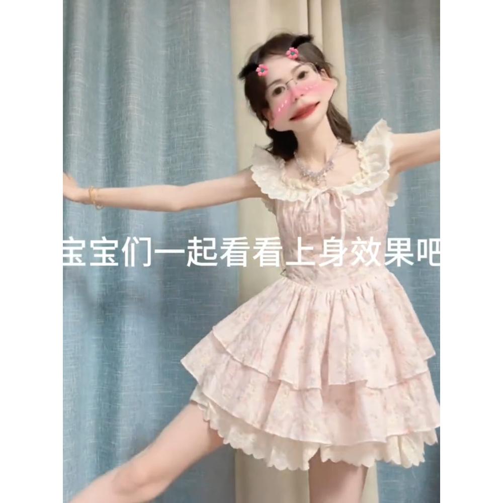 French Sweet Spice Girl Floral Dress Women's Summer Beauty Little Flying Sleeve Princess Cake Dress Design Sense Fluffy Dress