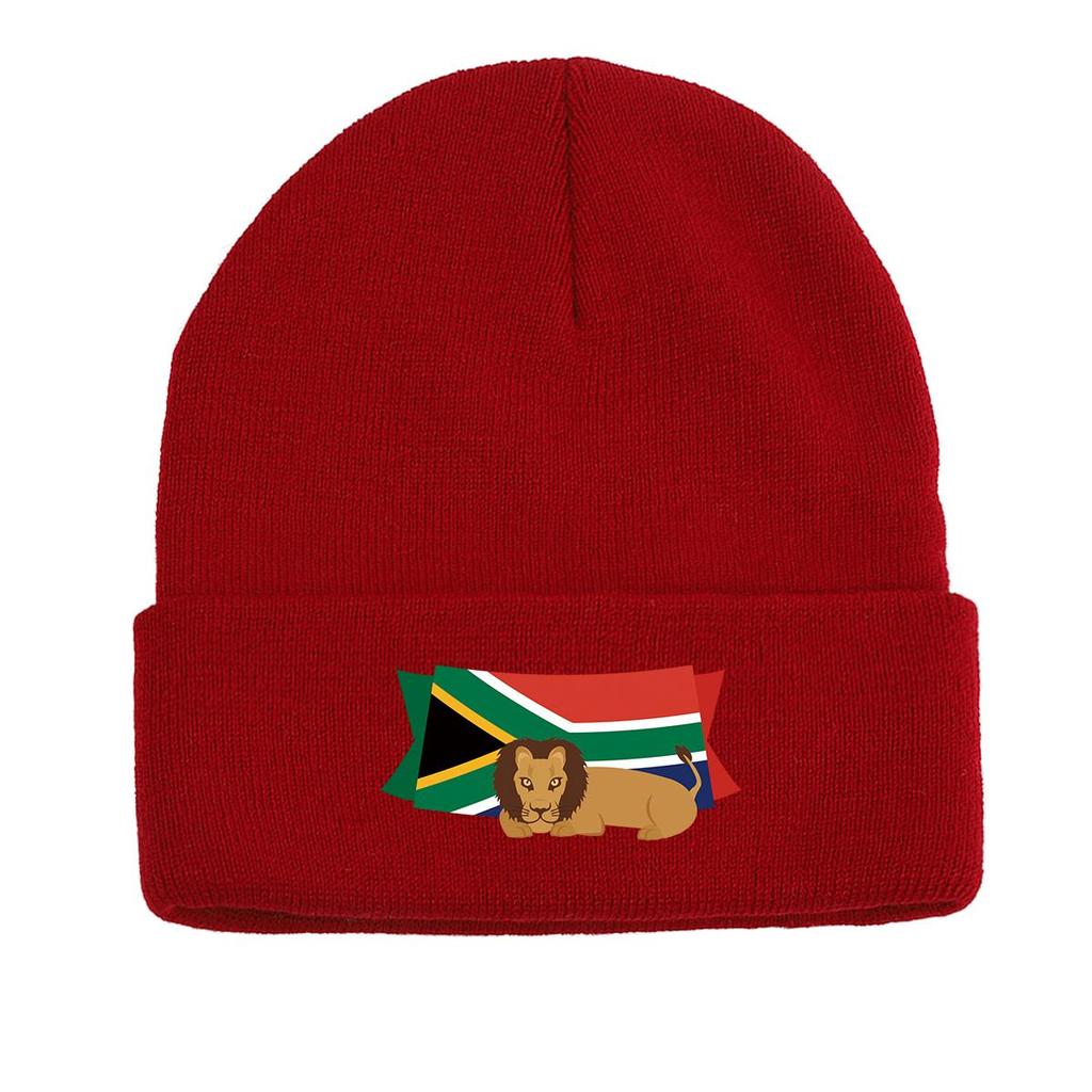 South Africa Flag Lion Warm Knit Cap Beanie, Patriotic Woman Cap Warm Thermal Solid Bonnet Knit Hat Beanie