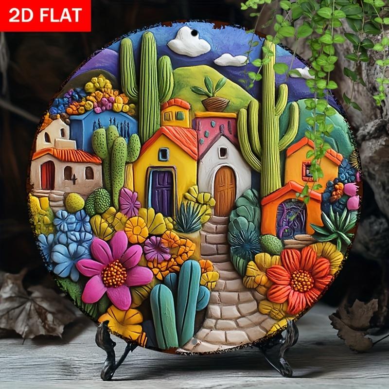 D Flat Metal Sign Mexican Pueblo Landscape Circle Aluminum Wall Decor 20x20cm(8x8inch)
