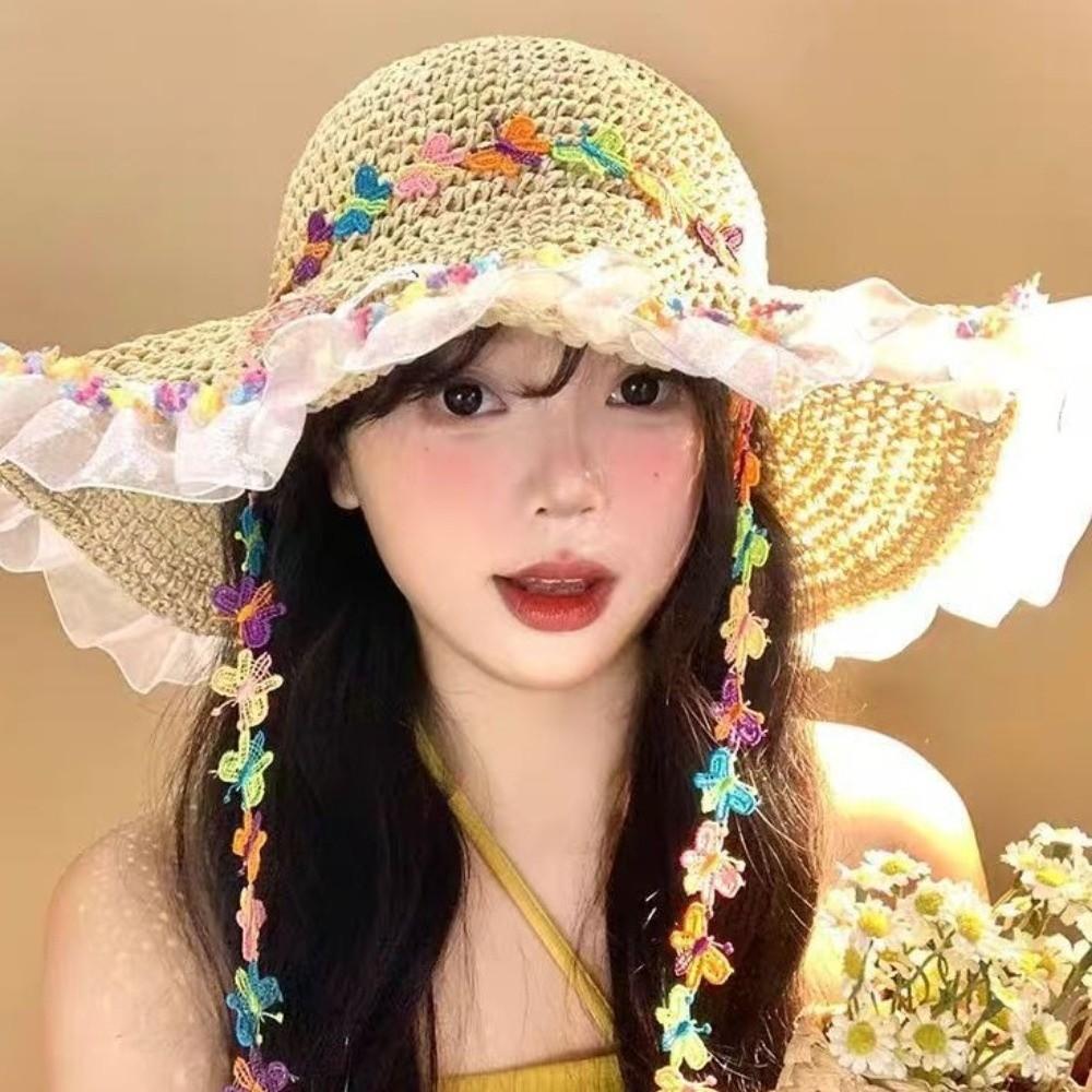Breathable Sun Protection Straw Hat Nylon Floral Tie Lace Trim Large Brim Hat Lightweight Hollow Out Sunshade Hat Summer