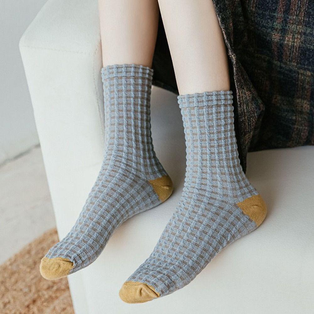 5Pairs Elastic Women Tube Sock Patchwork Grids Socks Sweet Checkered Cotton Socks Women