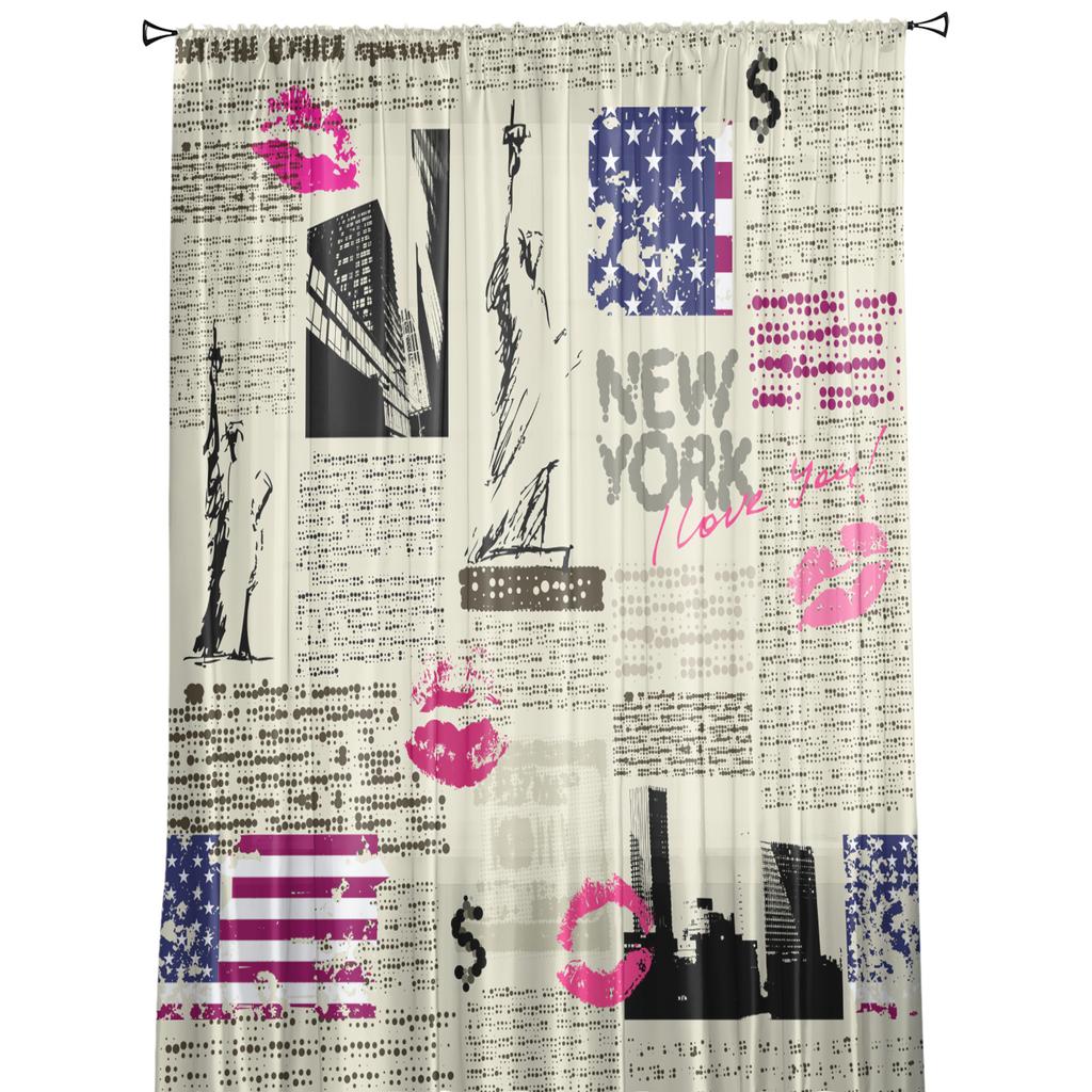 Retro Zeitung New York Vorhang für Wohnzimmer Transparente Tüllvorhänge Fenster Sheer für das Schlafzimmer Zubehör Dekor