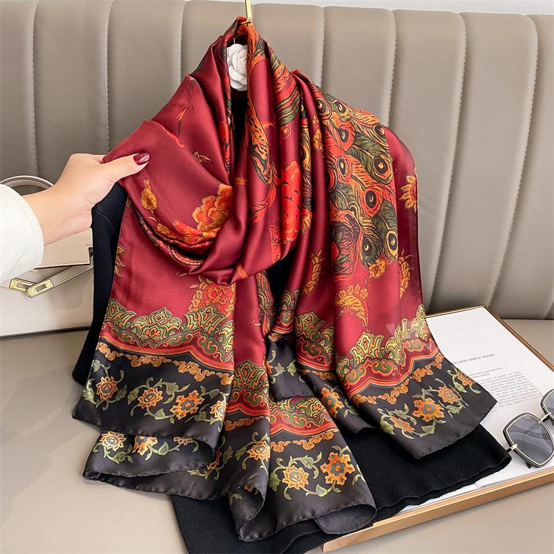 180*90cm Grote Zijde Satine Sjaal Hijab Dames Print Lente Sjaal Wrap Vrouwelijke Hand Foulard Pashmina Reis Echarpe One Size
