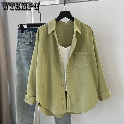 Mid-length Corduroy Shirt for Women In Sprin, Thick Pocket Shirt Jacket Cardigan