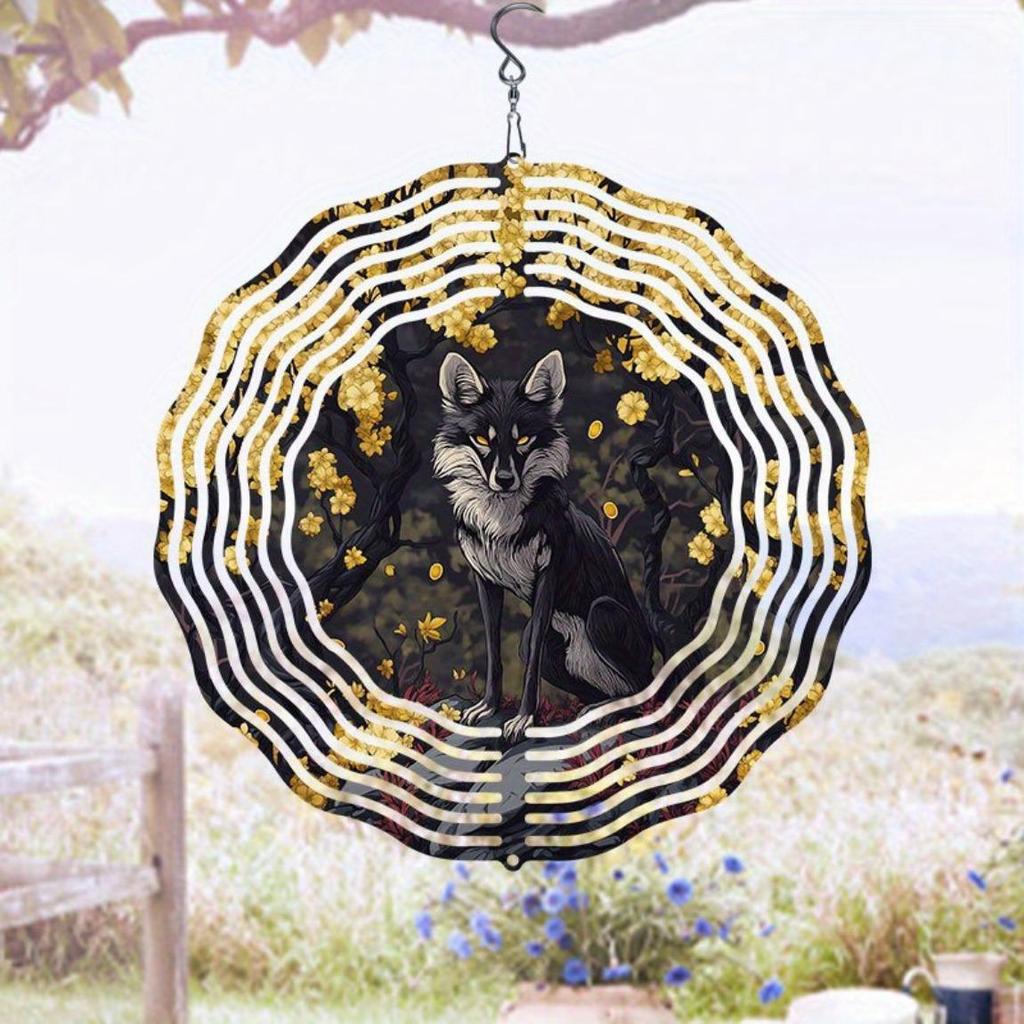 Yellow Sakura Fox Wind Spinner Outdoor Garden Decor 2D Kinetic Art Hanging Rotating Wind Chime with 360 Degree Hook for Patio Yard Holiday