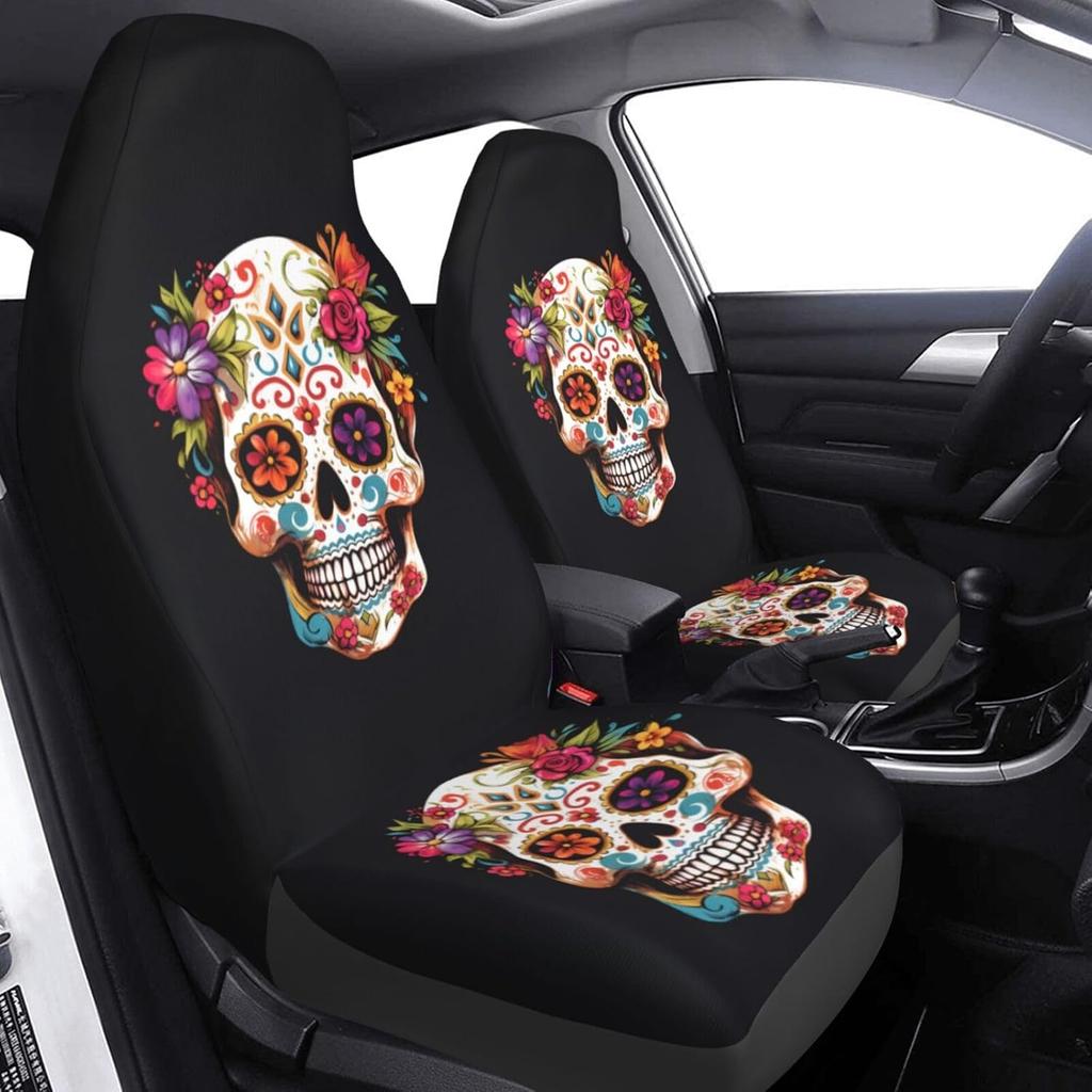 Dujiea Sugar Skull Car Front Seat Covers 2 Pcs Universal Auto Seat Covers Front Seats Only, Vehicle Bucket Seat Protectors Fit for Most Car SUV Sedan