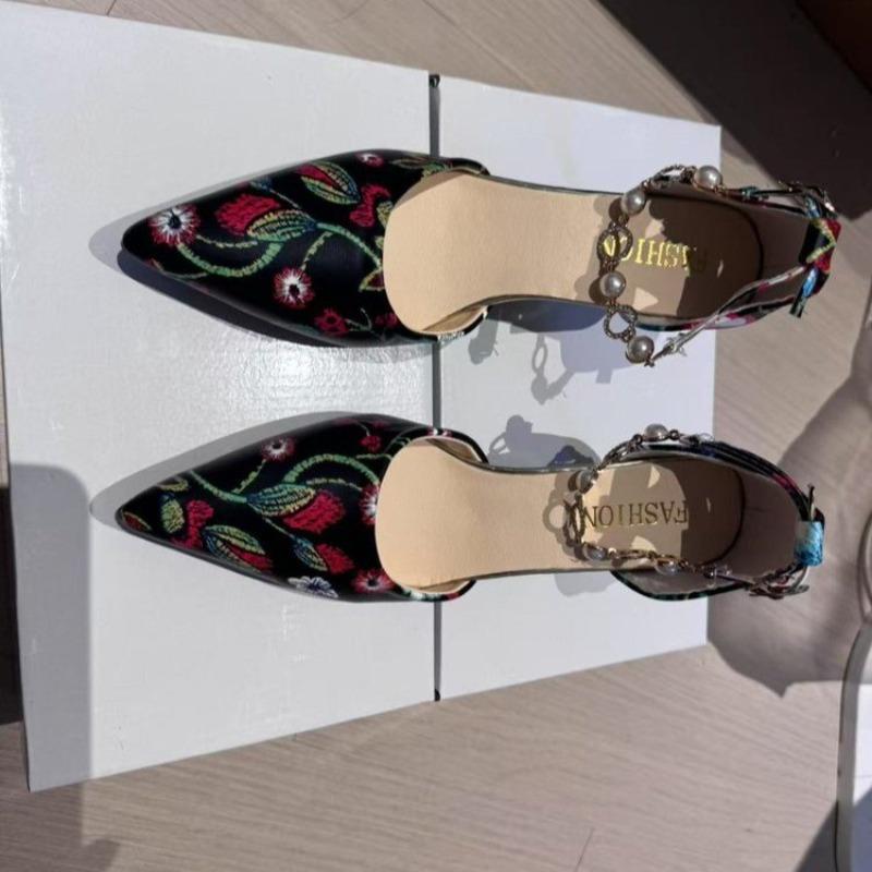 Fashion Autumn New Printed Pointed Toe Shallow-mouth Metal Chain Anti-slip Wear-resistant Stiletto Wrapped-head Sandals