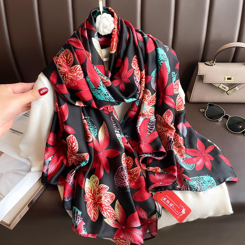 Long Silk Scarf Spring and Summer Thin Style Printed Scarf Beautiful Brocade Lotus Shawl Imitation Silk Scarf Gauze Scarf
