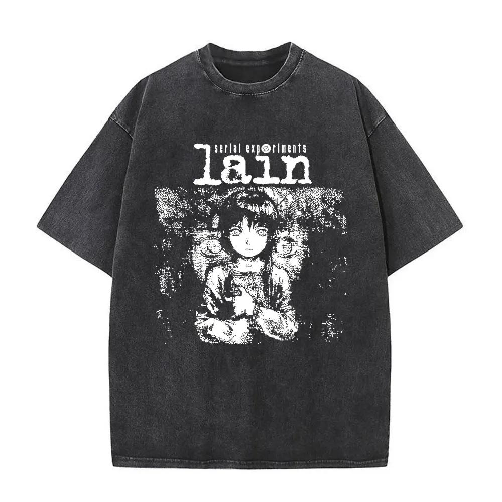 Washed Vintage Anime Serial Experiments Lain Face Graphic Tshirt Manga Girl Sci Fi Yk T Shirt Men Women Cotton Retro Tshirts