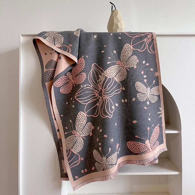 

Зимняя шаль Модная и элегантная Корейская версия Бабочка Цветок Имитация кашемира Шарф Женский Утепленный Теплый и Холодный Шарф 180*65cm серый