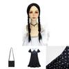 Wednesday Addams Dress Wig Cosplay Costume For Kid Girl Halloween Xmas Party