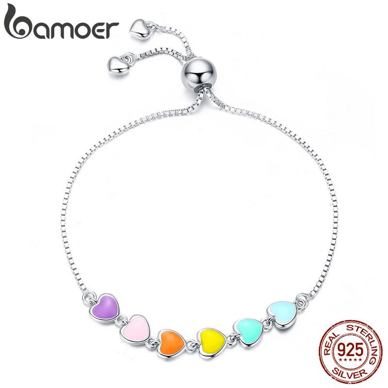 Bamoer Rainbow Color Enamel Heart Bracelet for Women Heart-shape 925 Silver Chain Bracelet Anti-allergy Jewelry SCB158