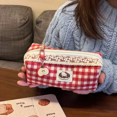 Cute Cat Lace Retro Christmas Plaid Woolen Pencil Case Student Stationery School Supplies Back To School Kawaii Pencil Bag