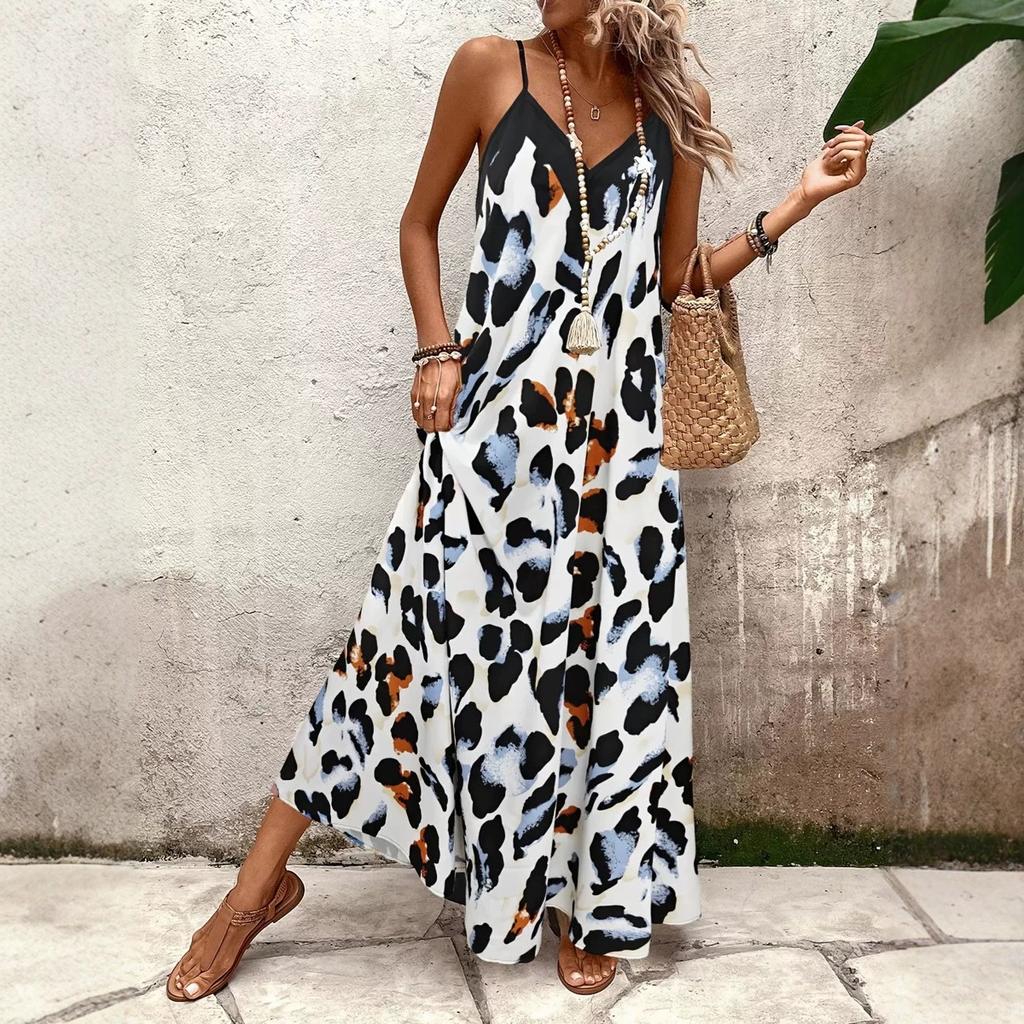 European and American Large Size Bohemian Suspender Long Skirt V-neck Loose Print Leopard Print Zebra Drape Seaside Vacation Long