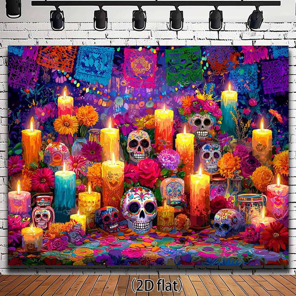 2D Flat Banner 1PC Day of the Dead Background Cloth, Colorful Sugar Skulls, Candlelight Altars and Bright Mexican Flowers