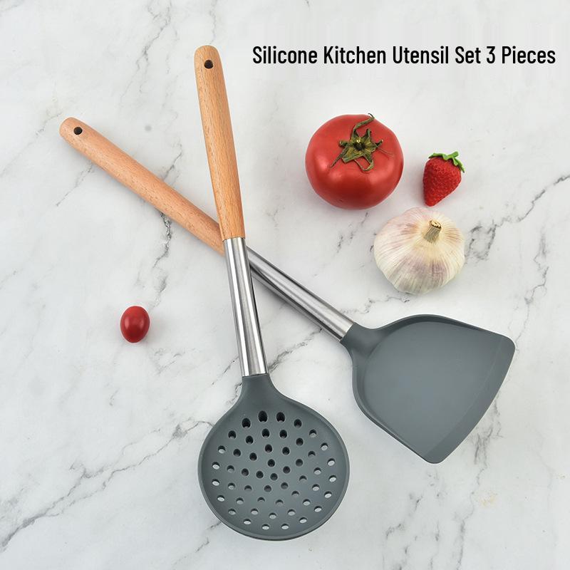 Silikon-Küchenutensilien-Set: 3-teiliger Holzgriff - Spatel, Bratspatel, Schöpfkelle und Schaumlöffel