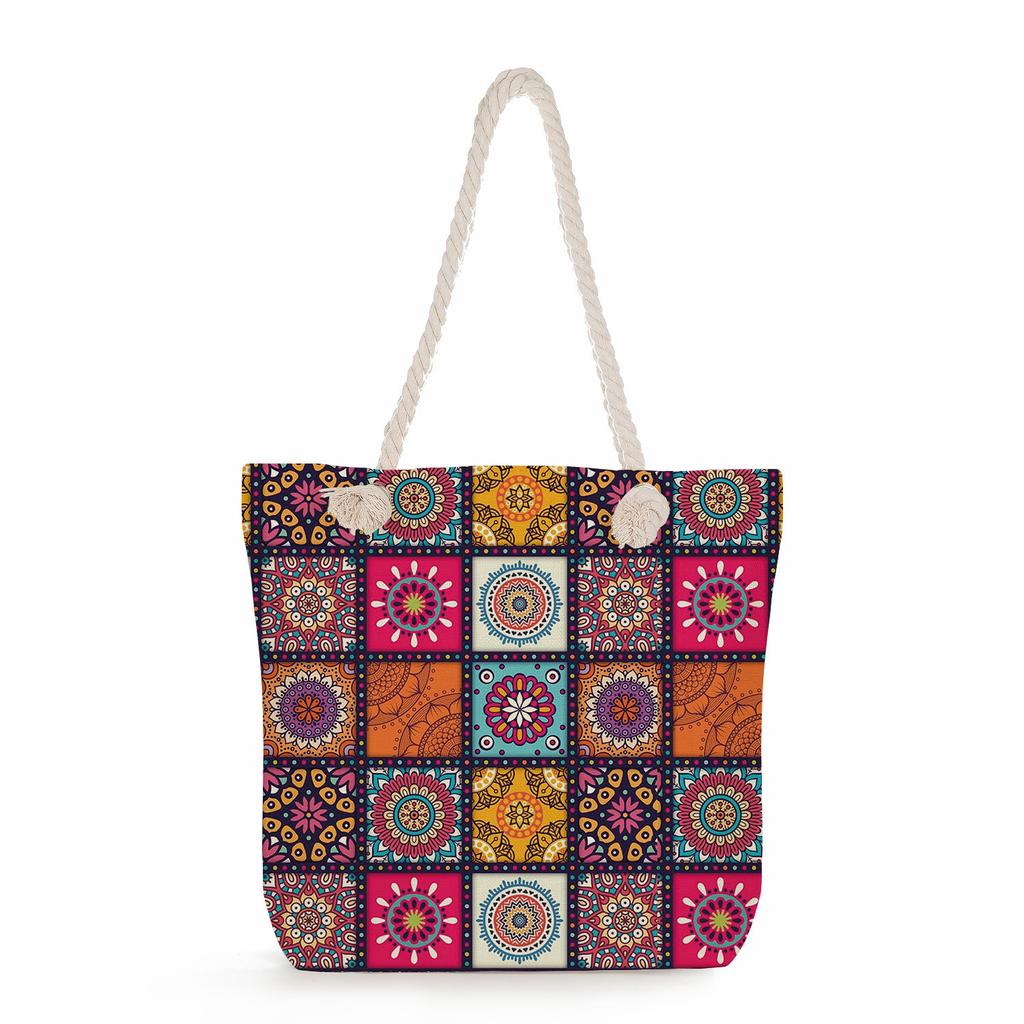 Multifunctional  Flower Printed Thick Rope Shoulder Beach Bag 7588