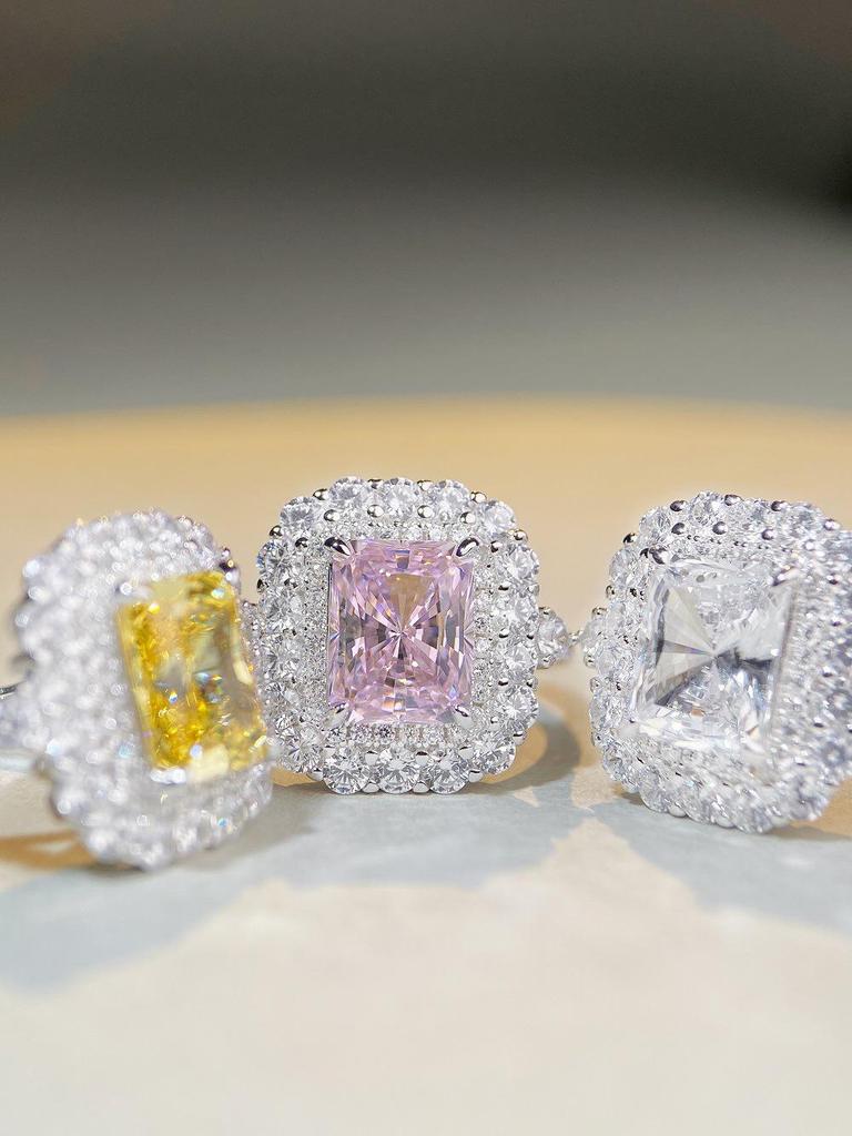 S925 Sterling Silver Radiant Cut Yellow Diamond Ring for Women – High-End Square Design, Cross-Border Bestseller