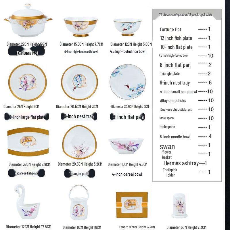 JANLA  Zuo Shou Zhi Yue  Jingdezhen 72-Piece Gold Rim Dinnerware Set