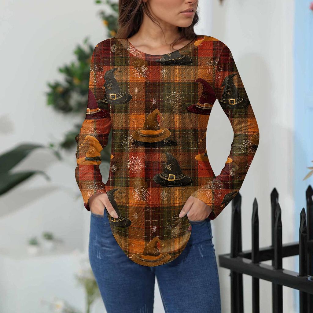Women's Loose Fit Long Sleeve T-Shirt with Retro Halloween Print, Neck Pullover Top