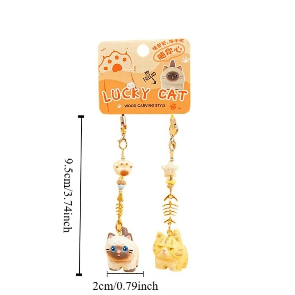 2Pcs Bag Hanging Resin Cat Pendant Cute Car Keyring Cartoon Cat Fishbone Keychain  Bag Decor