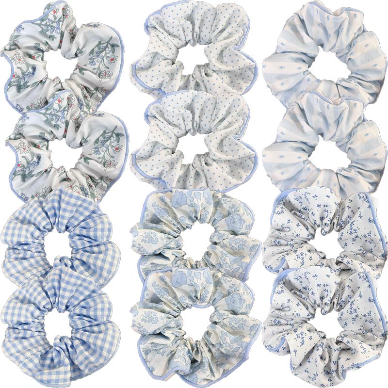 Sea Salt Blue Polka Dot Floral Plaid Large Hair Scrunchie Sweet and Versatile Fabric Hair Tie Hair Accessory
