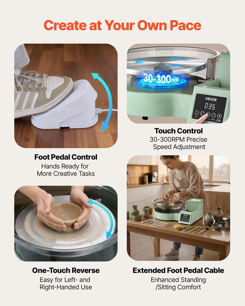 Pottery Wheel for Adults, 28 cm Aluminum Turntable, 450W Electric Table Top Pottery Wheel with Foot Pedal, 30-300 RPM Adjustable Speed, Detachable