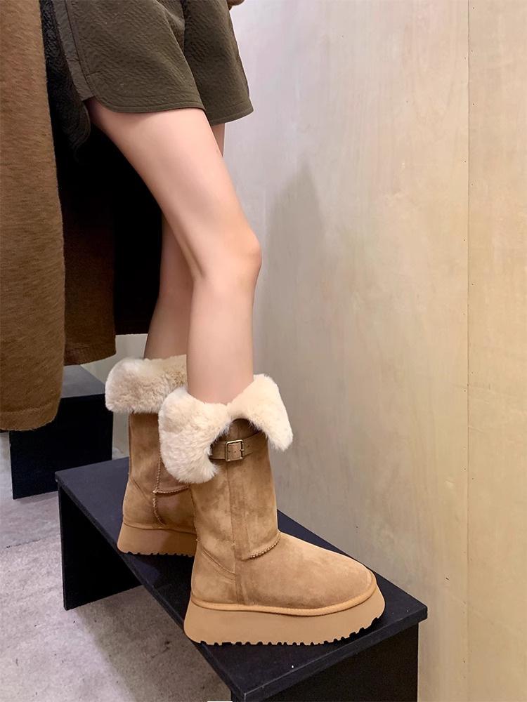 

2025 winter new two-wear medium and high snow boots sheepskin fur integrated casual velvet warm thick-soled heightening boots 35 верблюд