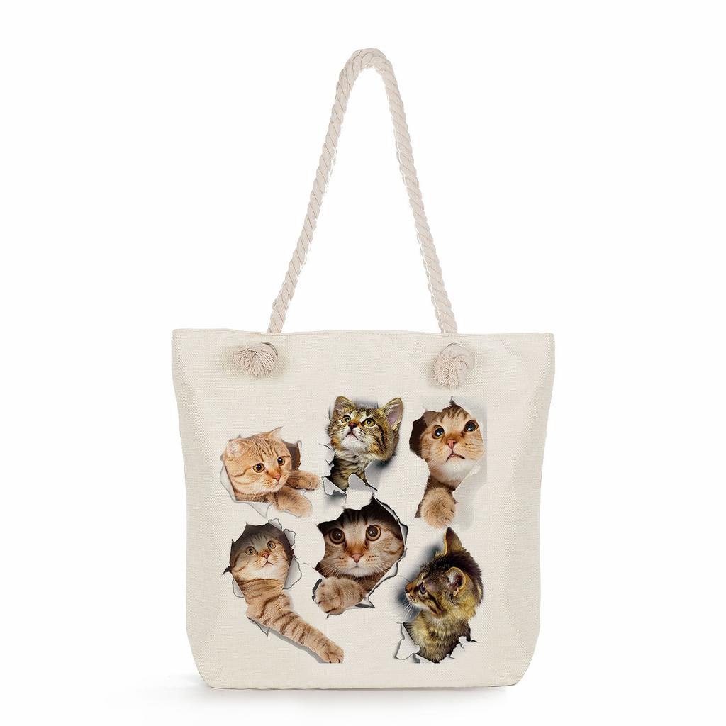 Cat print thick rope single-shoulder beach bag 7268 CLE