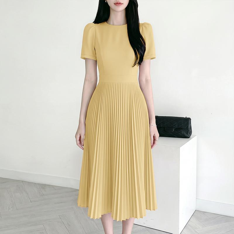 ZANZEA Women Casual Round Neck Short Sleeve Elegant Pleated Dress
