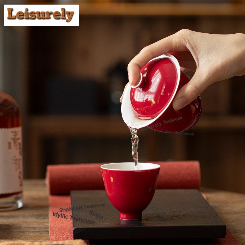 2pc/lot Sprinkle Gold Ruby Red Teacup Luxury Tea Bowl Mug Tea-tasting Fragrance Cup Jianzhan Master Cups Tea Ceremony Gift 60ml
