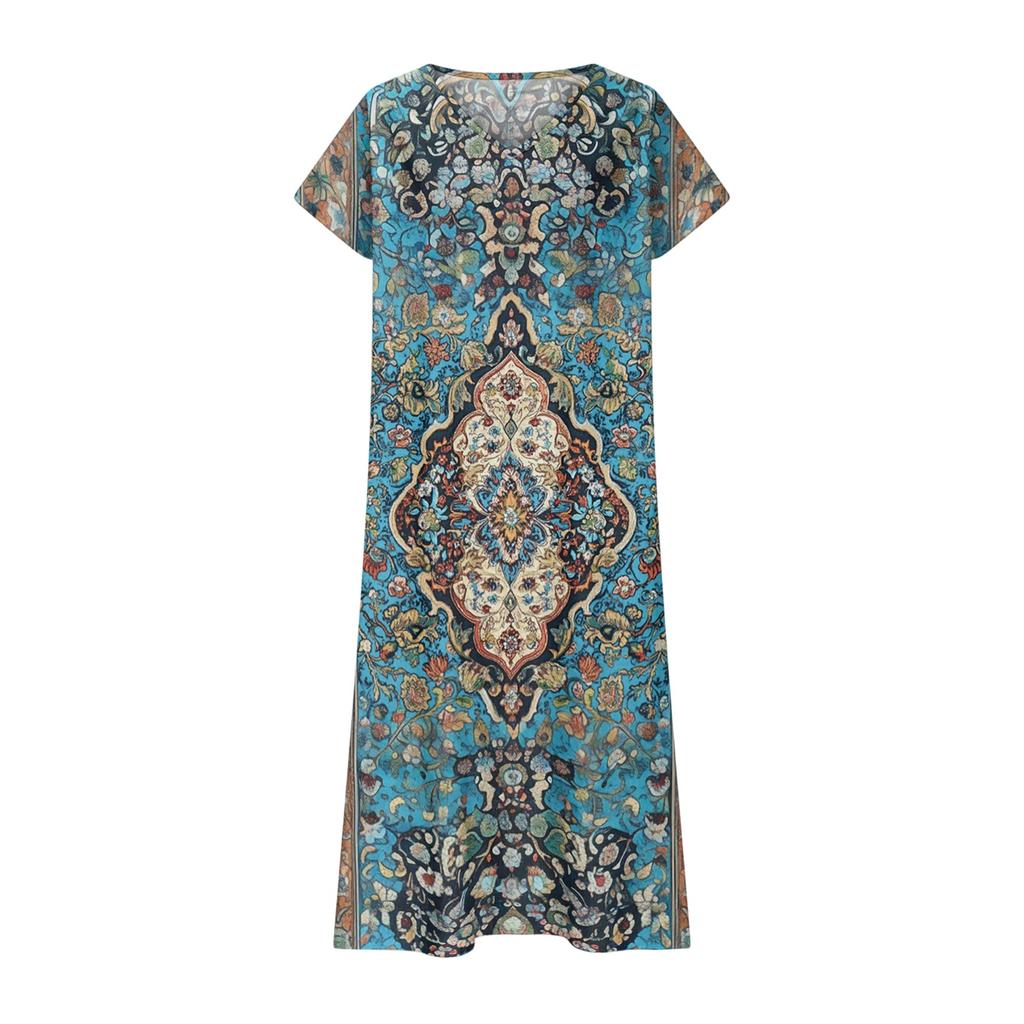 Damen Sommer V-Ausschnitt Kurzarm Vintage Blumenprint Strandkleid Lässig Lockerer Schnitt Midi-Kleid mit Seitentaschen Leicht