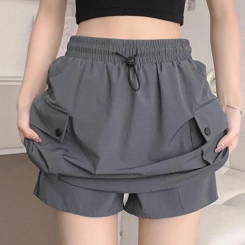 Summer Ins Korean Cargo Short Skirts Women Quick Drying Dress Girls Drawstring High Waist Thin Skirt