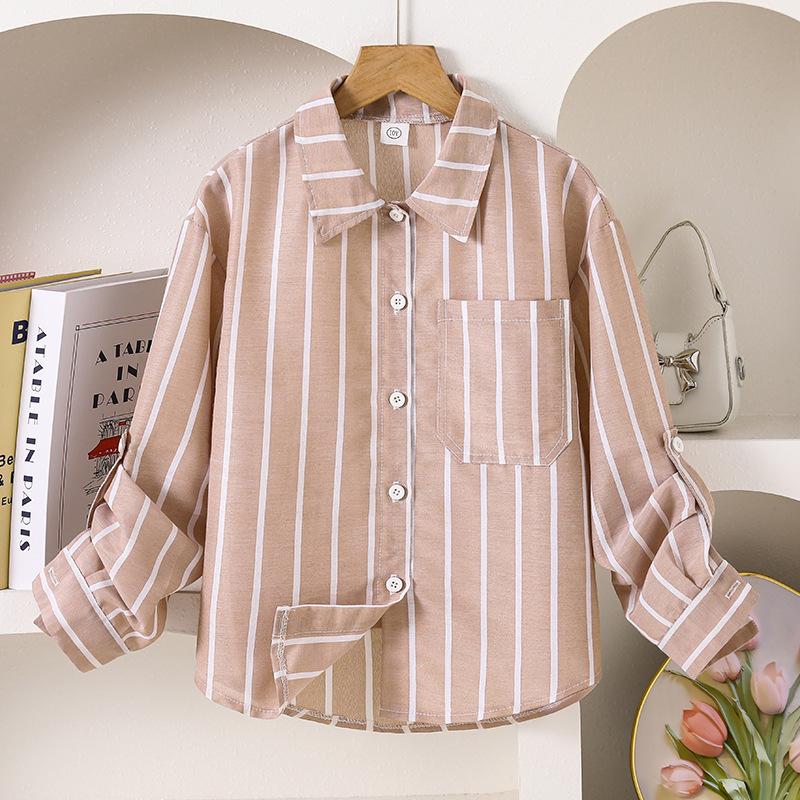 Children Shirt 2025 Autumn New Boys And Girls Casual Color Block Vertical Striped Outerwear Base Long Sleeve Shirt Top