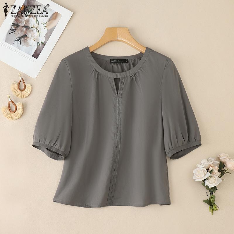 ZANZEA Women Casual Round Neck Summer Short Sleeve Cotton Blouse