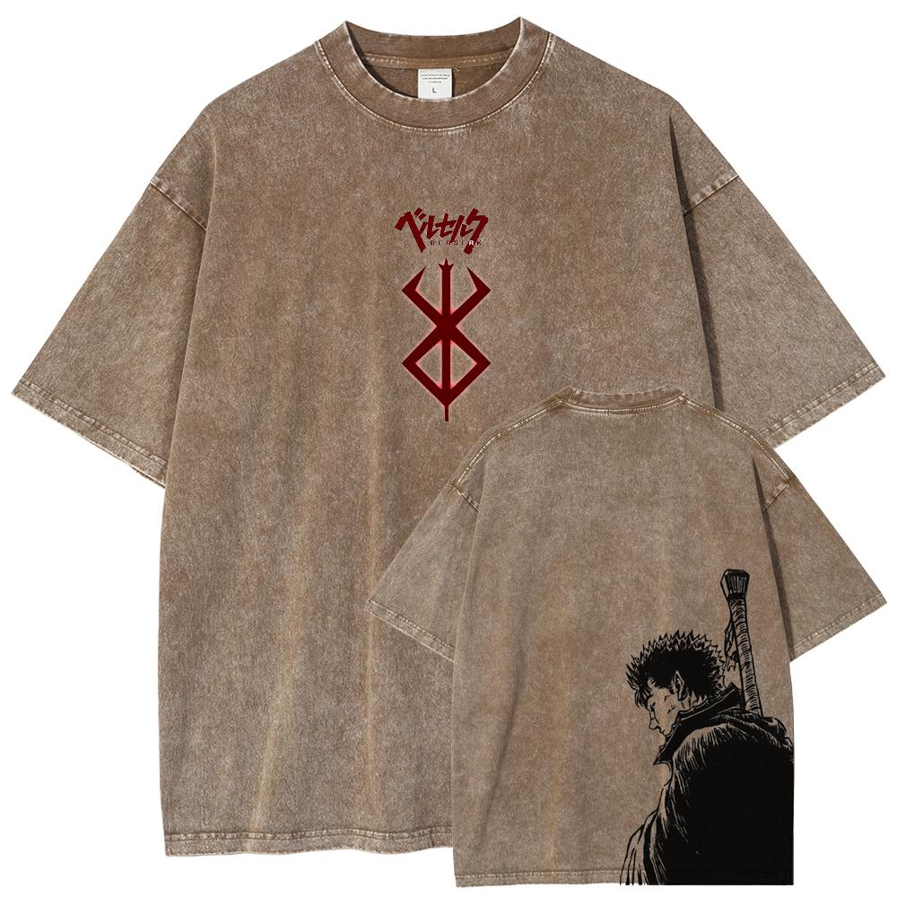 Berserk Guts T Shirt Manga Griffith Printed  T-shirt Men Unisex Clothes Street Vintage Washed Tshirt Short Sleeve Cotton Tees