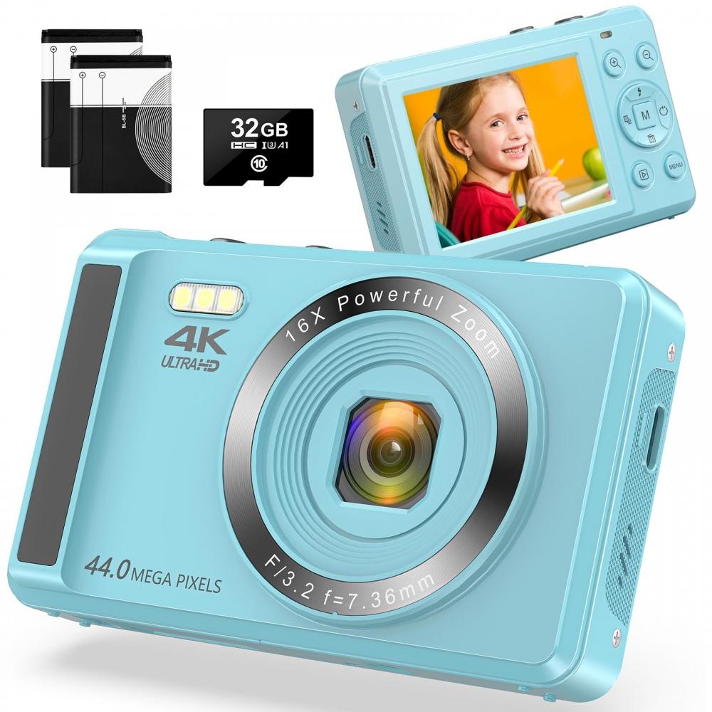 Digital Camera 4K Digital Camera Compact Camera 30FPS 44MP YouTube Camera AF Auto Focus 2.4 Inch Rechargeable 16x Digital Zoom Christmas Pocket Camera