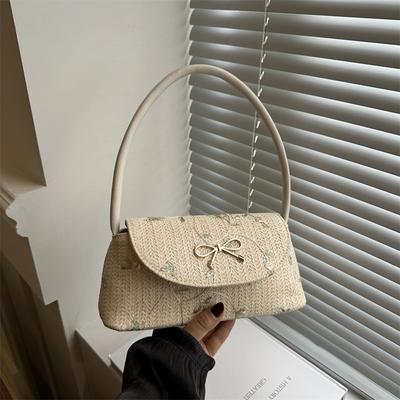 Mode Vielseitige Strohgewebte Tasche Damen Herbst Hochwertige Schleife Dorn Schulter Bestickte Achseltasche