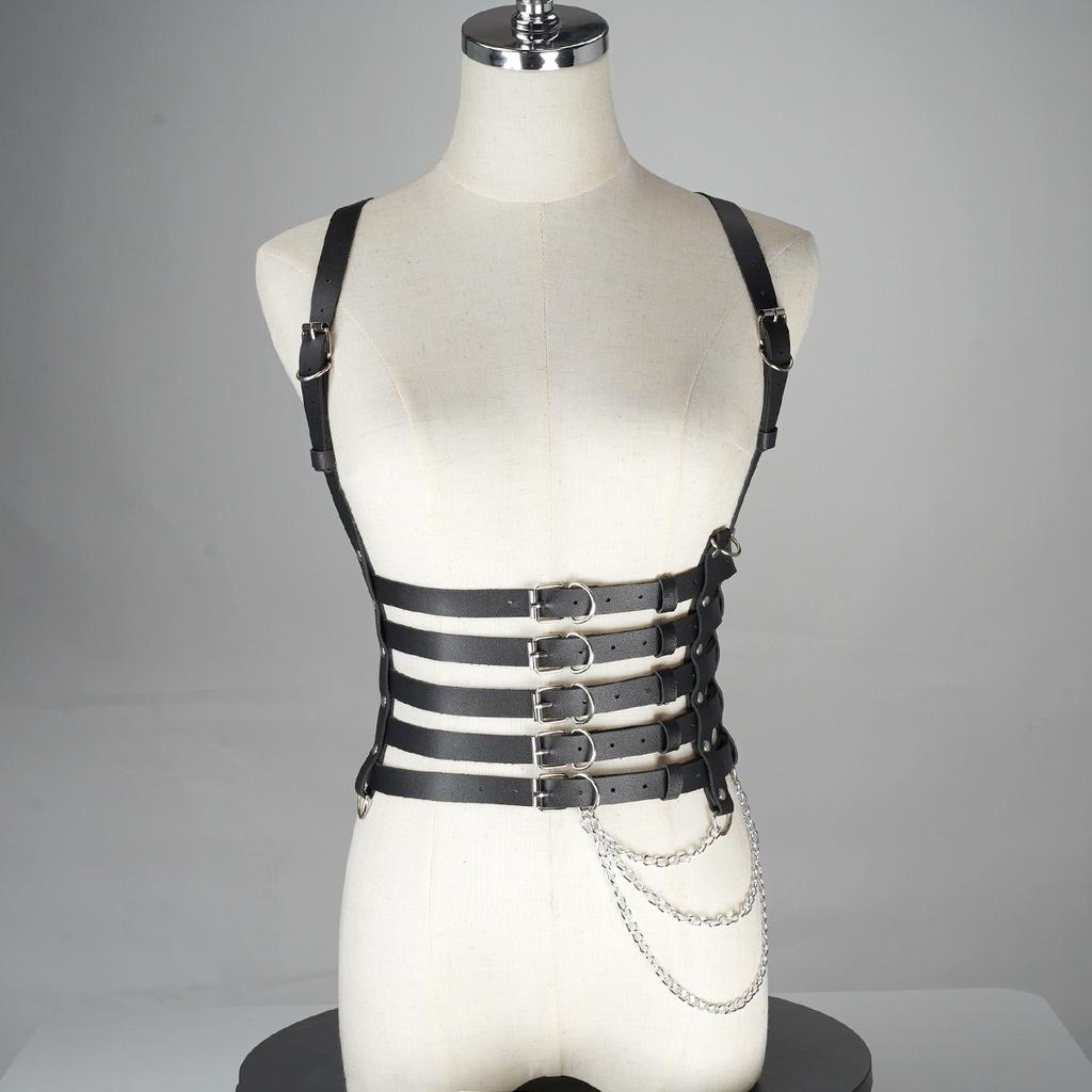 Women's Punk Rock Body Harness Belt with Chain - Adjustable Faux Leather Waist Cinch for Gothic Outfit