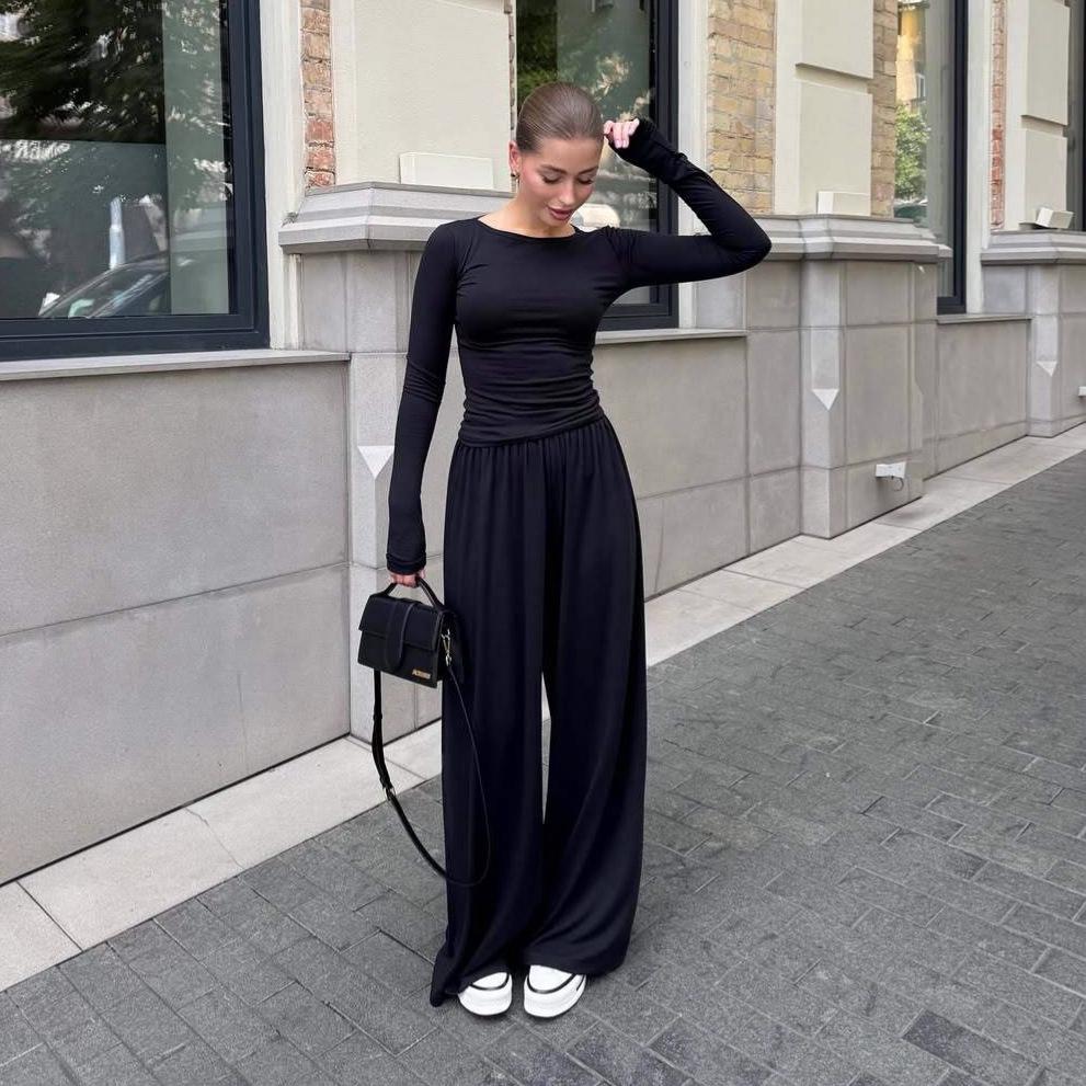 

Autumn 2025 Women s Casual Round Neck Long Sleeve Top & Loose Pants Two-Piece Set Medium чорний