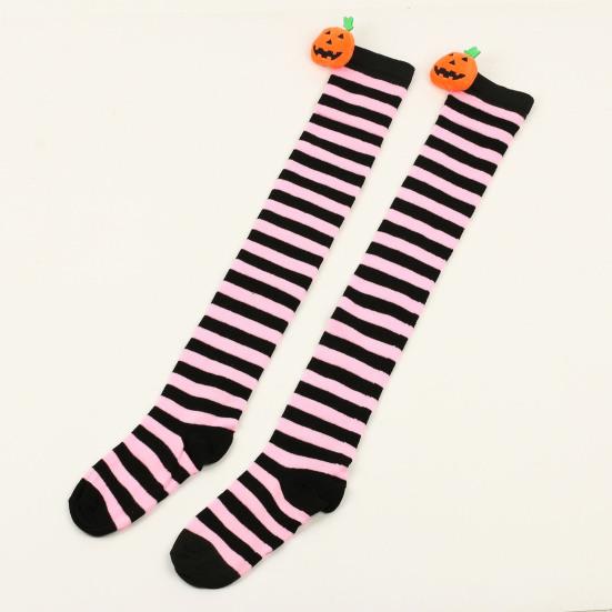 1 par de meias de Halloween acima do joelho, engraçadas, desenho animado, abóbora, listradas, contraste de cor, macias, manter aquecido, alta elasticidade, cor sólida, meias de inverno na coxa