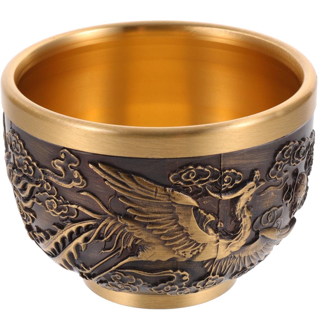 Chinese Style Copper Tea Cup Vintage Dragon And Phoenix Pattern Teacup Embossed Cup Home Decoration Brass Ware Crafts