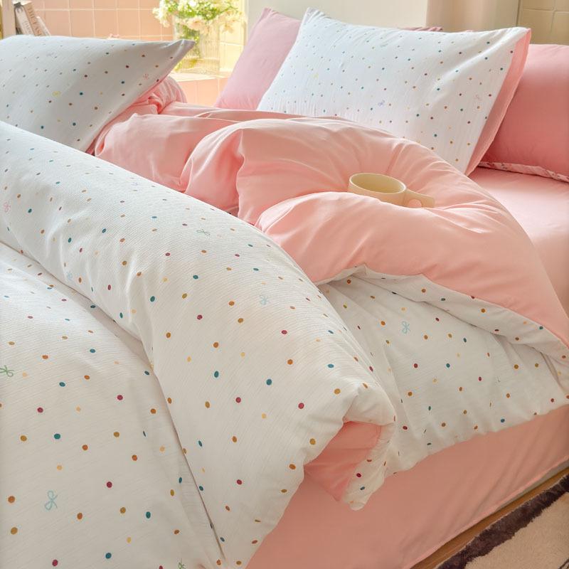 Class A Fresh Four-Piece Set: Washed Cotton Bed Sheet & Duvet Cover with Double Layer Gauze - Home Bedding Collection