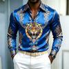 Camicia da uomo a maniche lunghe con stampa testa di tigre, fondo blu, contrasto oro, motivo europeo, camicia business casual